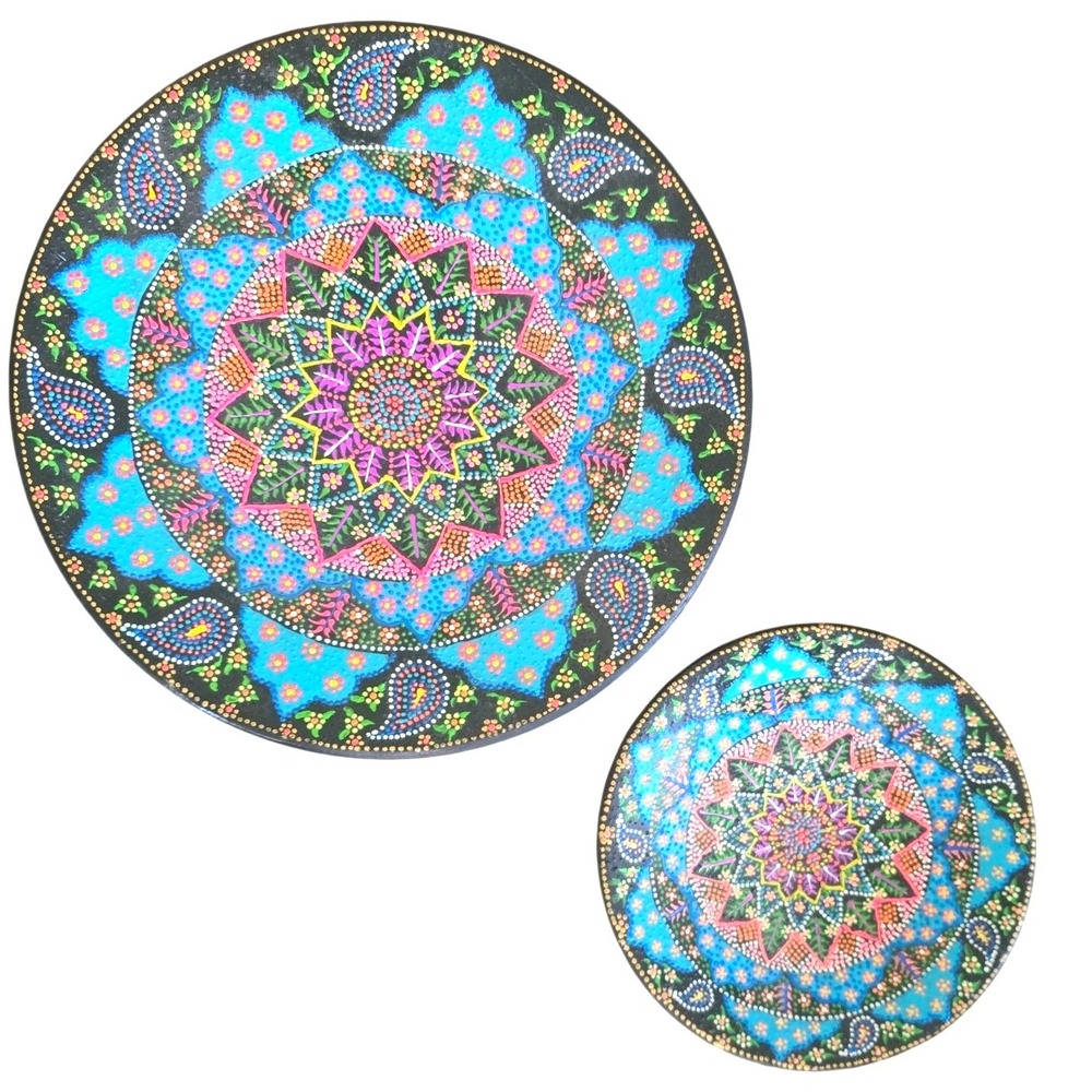 Mandala Dot Art Decorative Ceramic Plates Set of 2 Teal Paisley Bohemian Decor